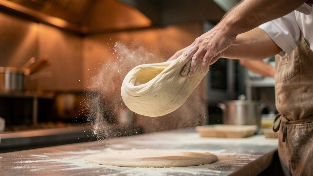 Pizzaiolo stretching pizza dough